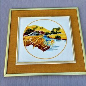 Vintage Crewel Embroidery Barn Scene Rustic Wall Art